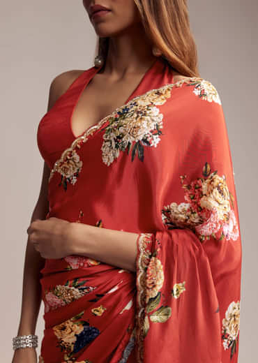 Red Crepe Saree With Floral Print  Cutdana Embroidery