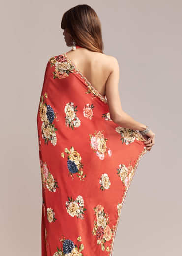 Red Crepe Saree With Floral Print  Cutdana Embroidery