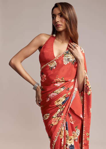 Red Crepe Saree With Floral Print  Cutdana Embroidery