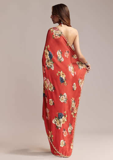 Red Crepe Saree With Floral Print  Cutdana Embroidery
