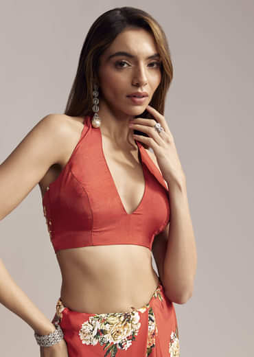 Red Crepe Saree With Floral Print  Cutdana Embroidery