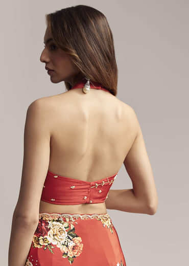 Red Crepe Saree With Floral Print  Cutdana Embroidery