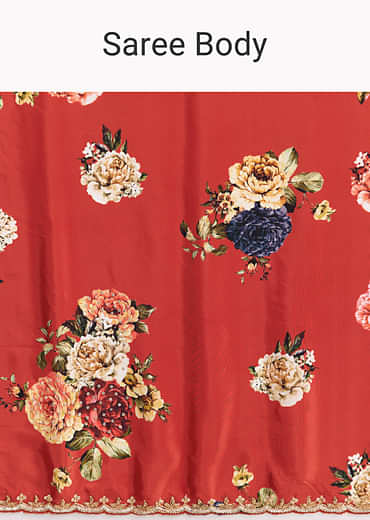 Red Crepe Saree With Floral Print  Cutdana Embroidery