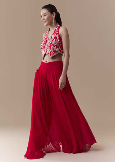 Red Crop Top Silk Palazzo Set with Cudtana Embroidery