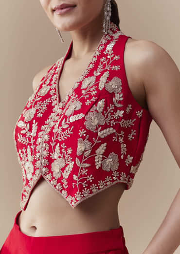 Red Crop Top Silk Palazzo Set with Cudtana Embroidery