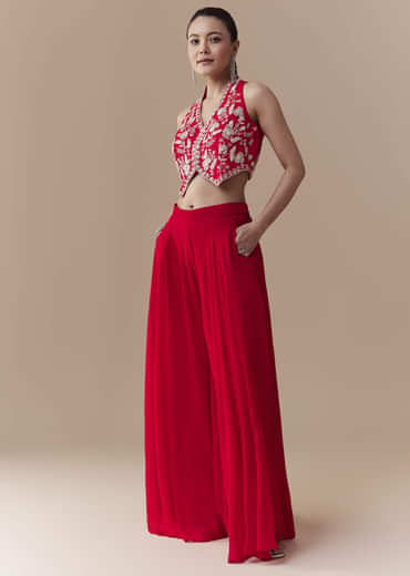 Red Crop Top Silk Palazzo Set with Cudtana Embroidery