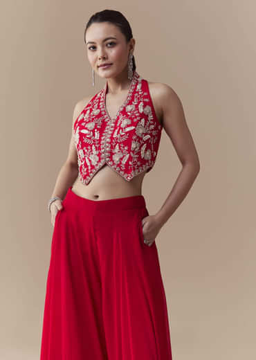 Red Crop Top Silk Palazzo Set with Cudtana Embroidery
