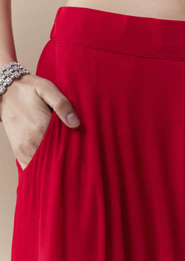 Red Crop Top Silk Palazzo Set with Cudtana Embroidery