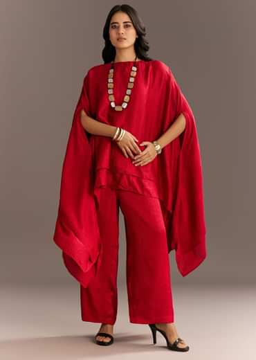 Red Crush Silk Kaftaan Set With Stone Neckpiece