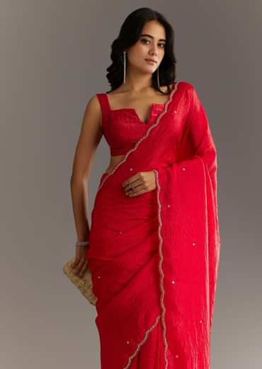 Red Crushed Tissue Embroidered Saree With Cutdana And Sequin Work