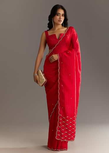 Red Crushed Tissue Embroidered Saree With Cutdana And Sequin Work