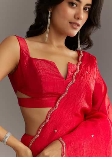 Red Crushed Tissue Embroidered Saree With Cutdana And Sequin Work