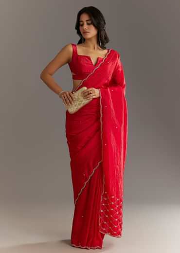 Red Crushed Tissue Embroidered Saree With Cutdana And Sequin Work