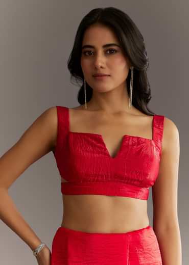 Red Crushed Tissue Embroidered Saree With Cutdana And Sequin Work