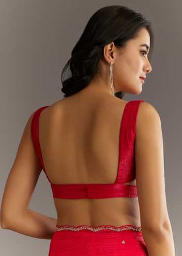 Red Crushed Tissue Embroidered Saree With Cutdana And Sequin Work