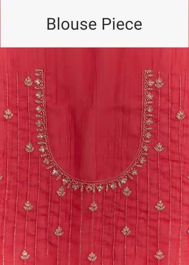 Red Crushed Tissue Embroidered Saree With Scallop Border