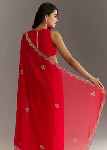 Red Crushed Tissue Embroidered Saree With Scallop Border