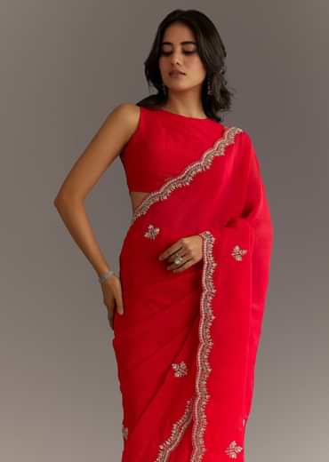 Red Crushed Tissue Embroidered Saree With Scallop Border