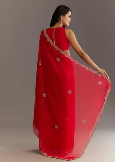 Red Crushed Tissue Embroidered Saree With Scallop Border