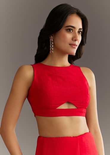 Red Crushed Tissue Embroidered Saree With Scallop Border