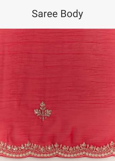 Red Crushed Tissue Embroidered Saree With Scallop Border