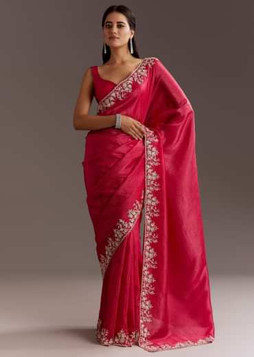 Red Crushed Tissue Saree With Floral Embroidery And Scallop Border