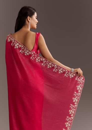 Red Crushed Tissue Saree With Floral Embroidery And Scallop Border