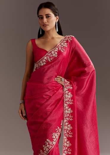 Red Crushed Tissue Saree With Floral Embroidery And Scallop Border