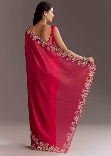 Red Crushed Tissue Saree With Floral Embroidery And Scallop Border