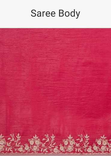 Red Crushed Tissue Saree With Floral Embroidery And Scallop Border