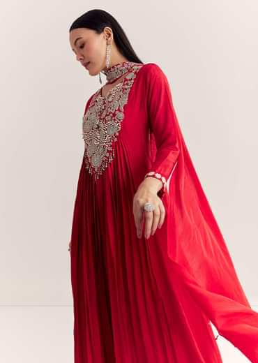 Red Dola Silk Anarkali With Silver Zardosi And Choker Dupatta