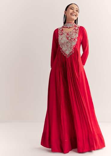 Red Dola Silk Anarkali With Silver Zardosi And Choker Dupatta