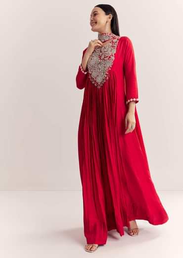 Red Dola Silk Anarkali With Silver Zardosi And Choker Dupatta