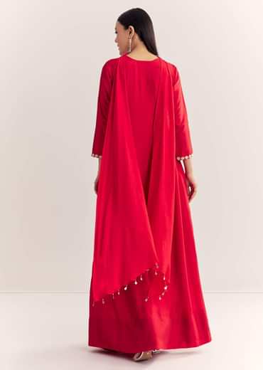 Red Dola Silk Anarkali With Silver Zardosi And Choker Dupatta