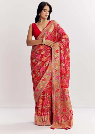 Red Dola Silk Bandhani Saree With Multicolor Animal Motifs And Gota Border