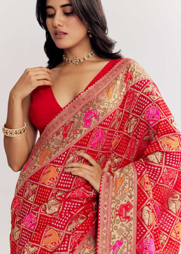 Red Dola Silk Bandhani Saree With Multicolor Animal Motifs And Gota Border