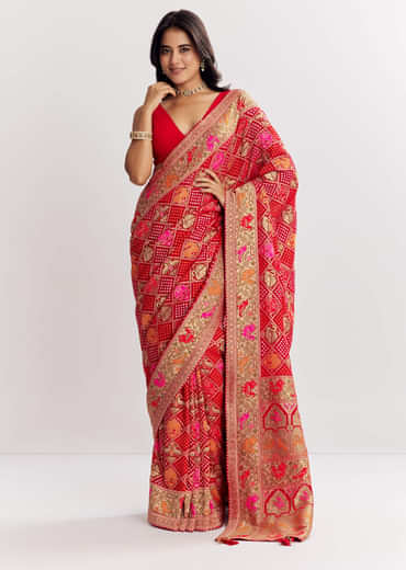Red Dola Silk Bandhani Saree With Multicolor Animal Motifs And Gota Border