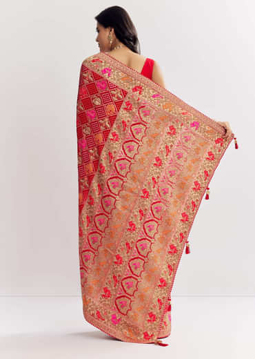 Red Dola Silk Bandhani Saree With Multicolor Animal Motifs And Gota Border