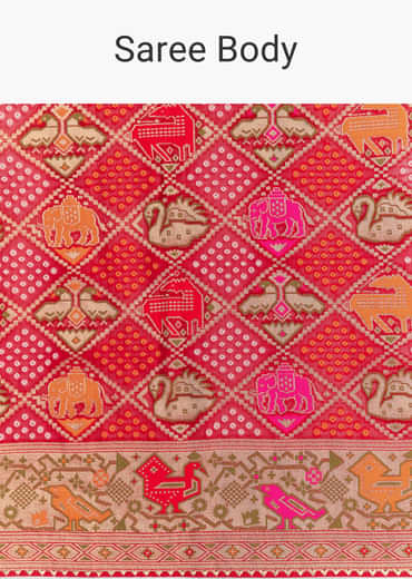 Red Dola Silk Bandhani Saree With Multicolor Animal Motifs And Gota Border