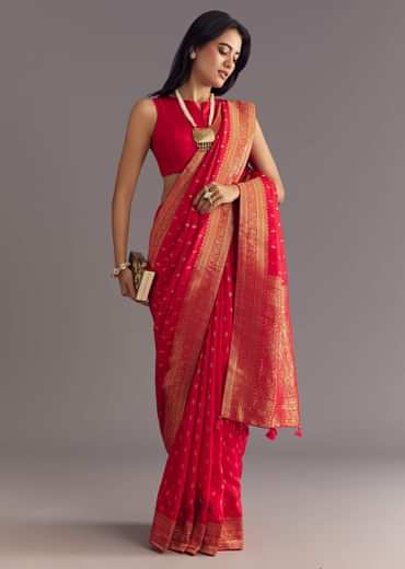 Red Dola Silk Butti Work Saree With Zari Border