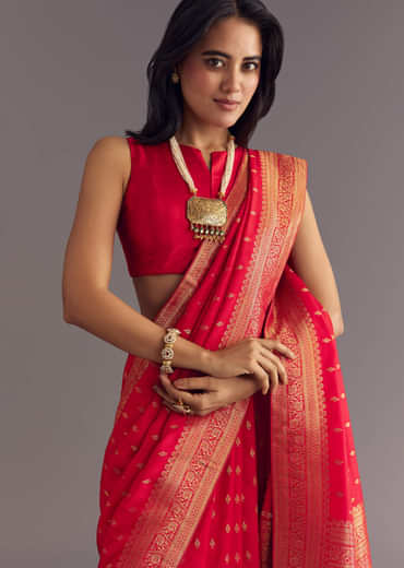 Red Dola Silk Butti Work Saree With Zari Border