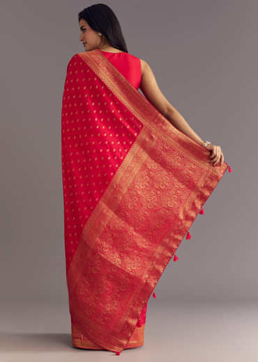 Red Dola Silk Butti Work Saree With Zari Border