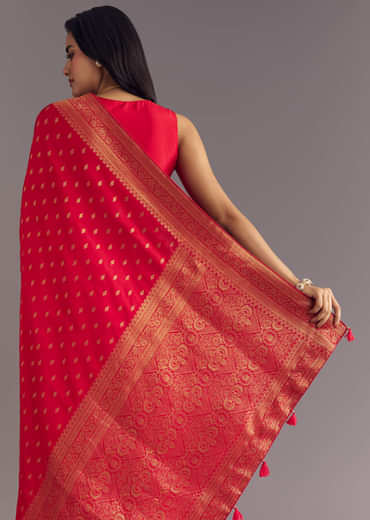 Red Dola Silk Butti Work Saree With Zari Border