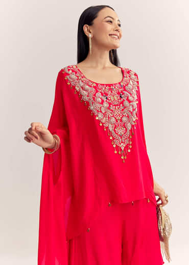 Red Dola Silk Cape Kurta Set With Embroidery