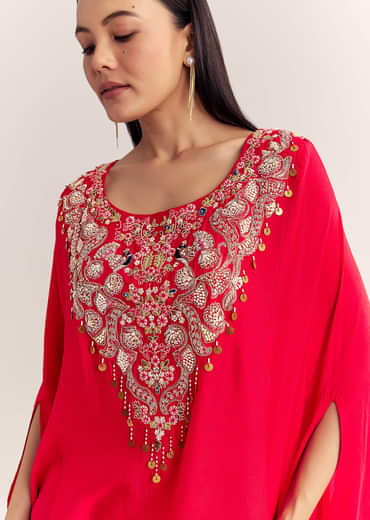 Red Dola Silk Cape Kurta Set With Embroidery