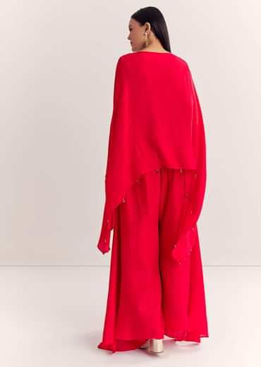 Red Dola Silk Cape Kurta Set With Embroidery