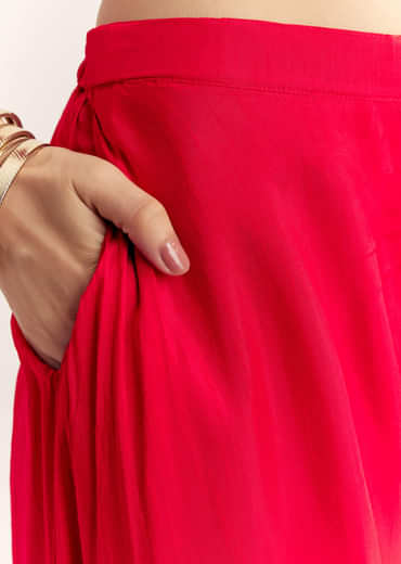 Red Dola Silk Cape Kurta Set With Embroidery