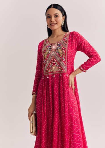Red Dola Silk Gown With Embroidered Print