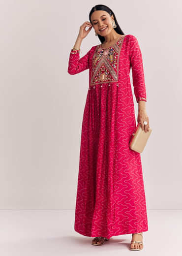 Red Dola Silk Gown With Embroidered Print