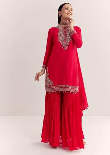 Red Dola Silk Kurta Set With Zardosi And Choker Dupatta
